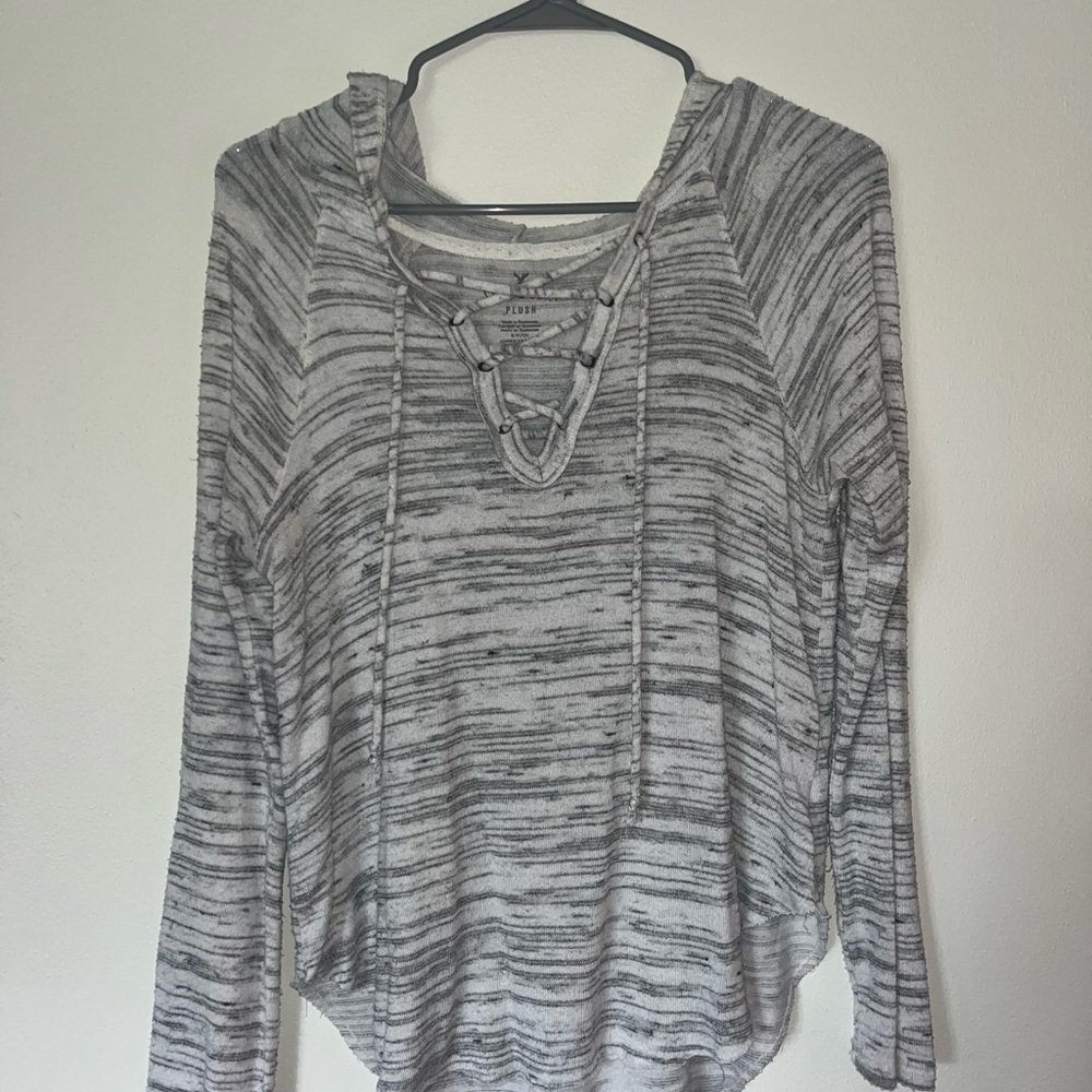 American Eagle Outfitters Gray and White Tie Front Hoodie